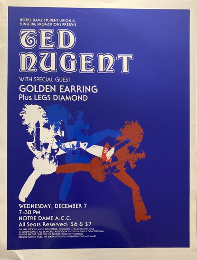 Ted Nugent with Golden Earring show Poster December 07 1977 South Bend